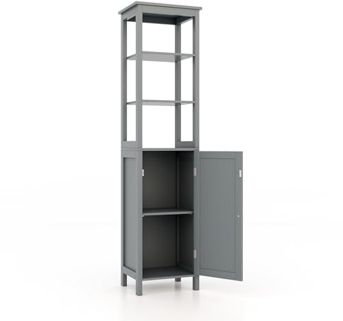 GIANTEX Badezimmerschrank, Freistehender Hochschrank, Badschrank mit 3 offenen Fächern, Nischenschrank für Badezimmer, Wohnzimmer & Küche, 40 x 32 x 161 cm (Grau)