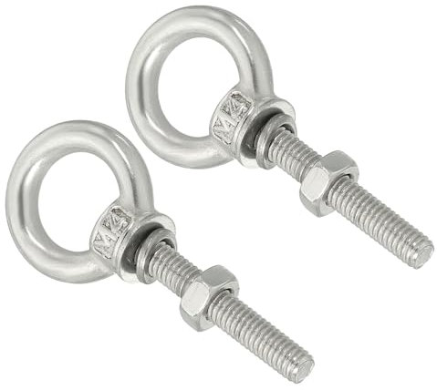 sourcing map M4 3/16x1.18 Stainless Steel Eye Bolts Threaded Screw Eyebolt Shoulder Ring with Nuts Washers for Lifting Hanging, 2 Set