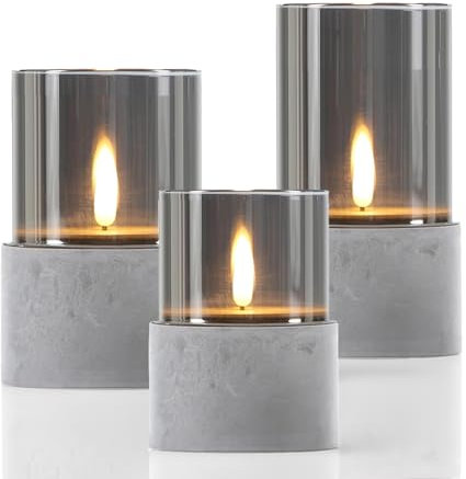 Marrakesch 3er Set LED Kerzen Stumpenkerzen in Zement Grau ? 8cm in 3 Größen | Outdoor Flackernde Led Kerze Batteriebetrieben mit Timerfunktion für Adventskranz Kerzenständer & Weihnachtsdeko