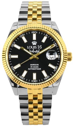 LOUIS XVI Marquis Automatik 3040 - Ø 41.5 mm - Herren Uhr - Wasserdicht - Armband Silber Gold - Zifferblatt Schwarz - Automatikuhr