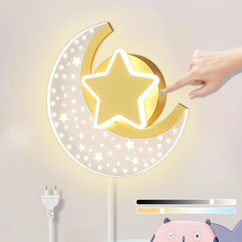 LED Innen Wandleuchte mit Touch Schalter Kinder Dimmbar Nachtlicht 12W Wandlampe Kinderzimmer Mond mit Stecker Modern Junge Mädchen Nachttischlampe für Babyzimmer Schlafzimmer Wandbeleuchtung, Gold