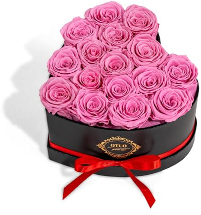 Otuo 16 Preserved Roses in Heart-Shaped Box, Flowers for Delivery Prime Last up 2 Years, Real Forever Flowers for Wife, Girlfriend, Mother, Eternal Roses for Anniversary - Pink
