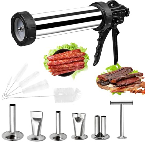 Jerky Maker Pistolen-Set mit 6 Edelstahldüsen und Reinigungsbürste, Jerky Gun für Hackfleisch, Wurstfüller, professionelles Fleischfüller-Set (L, Pfund, 2,0)