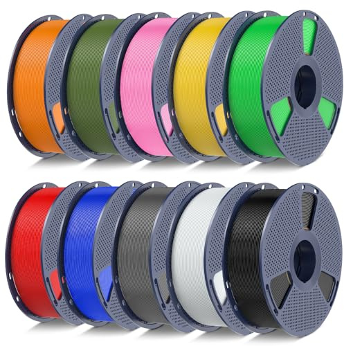 SUNLU 10KG Alta Velocità Filamento PLA 1.75mm, Progettato per una Stampa 3D Veloce, Multicolore PLA Filamento, Nero+Bianco+Grigio+Blu+Rosso+Giallo+Verde+Rosa+Verde Oliva+Arancione
