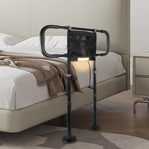 Airminti Aufstehhilfe Bett für Senioren, Höhenverstellbarer Haltegriff | Robuster Rahmen, rutschfester Griff, Befestigungsgurt, zwei Lichter und werkzeuglose Montage als Aufstehhilfe