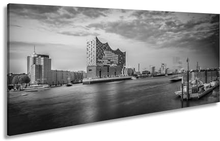 Leinwandbild Abendlicht küsst Hamburgs Hafen mit goldener Eleganz. Panorama 100x50cm Effekt: Schwarz&Weiß XXL Kunstdruck Bild auf Keilrahmen/Wandbild/Wohnzimmer Dekoration
