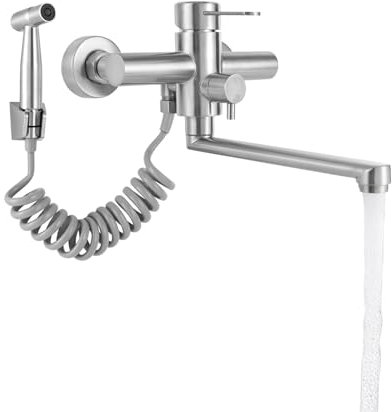 Grifo de cocina montado en la pared, grifo de cocina giratorio 360°, 3 modos de salida de agua, grifo de cocina con pistola pulverizadora, grifo de fregadero, color plateado