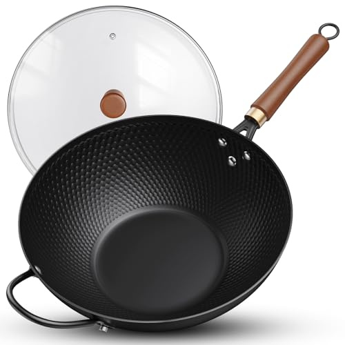 Todlabe Nonstick Wok, 13-Inch Carbon Steel Wok Pan with Glass Cover, Woks & Stir-Fry Pans for Induction, Electric, Gas, Halogen, All Stoves