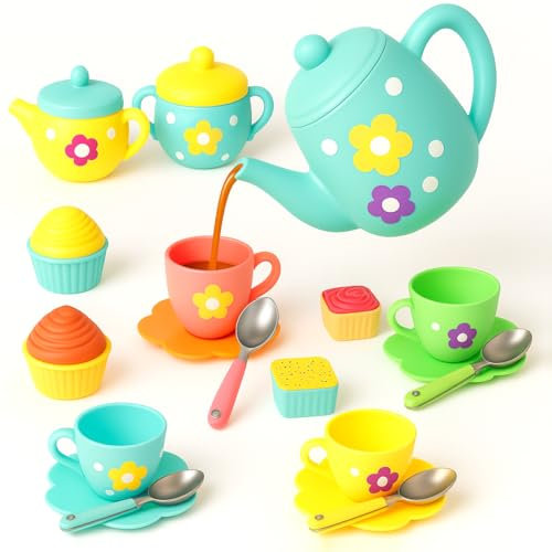 Toyana 22 PCs Kids Tea Set for Girls, Pretend Play Tea Party Playset, Realistic Teapot, Cups, Plates & Cupcakes Kitchen Accessories, Afternoon Role Play Birthday Gift Toy Set For Children Ages 3+ Year