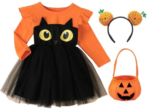 MorLuks Pumpa kostym för halloween, pumpaklänning barn med pannband och godispåse, tutu barn tyllkjol för halloween, karneval fest L