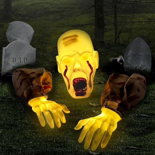 Halloween-Dekor Bodendurchbrecher-Zombie mit Realistic Skeleton Arms Stake & Face mit Blutfleck und gruseligem Sound, für Halloween Hof, Rasen, Terrasse, Spukhaus Outdoor Dekorationen