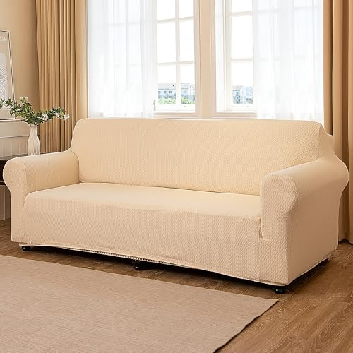 TIANSHU Jacquard Elastischer Sesselbezug – Stretch Sofa Überzug Waschbar Antirutsch Sesselhusse Spandex Sofabezug für 2-Sitzer (Blumenmuster, Beige)