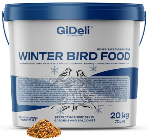 GiDeli Vogelfutter Winter 20kg im Eimer - Streufutter für Wildvögel ganzjährig - Meisenfutter für Garten & Balkon mit Leinsamen reich an Omega-3, Calcium – ohne Zusatzstoffe