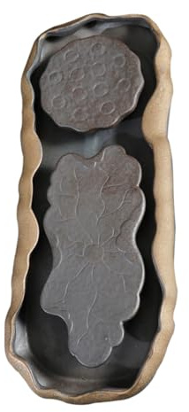 Uonlytech Plateau à Thé Céramique Japonaise pour Cérémonie Décor Lotus Élégant Rangement Eau Intégré Support Théière Plateau Sec pour Service Kung Fu pour Deux Personnes