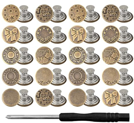 40Pcs Jean Button Replacement, 17mm Metal Jeans Buttons Pin, with Screwdriver Waist Tightener Clips for Jackets Clothes Denim Skirt Clothing Repairing