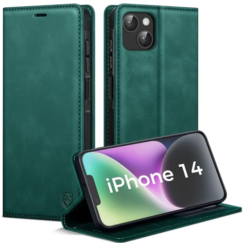 AIMOYU Handyhülle für iPhone 14 Hülle, Premium PU Leder Klapphülle Schutzhülle, Tasche Magnet Kartenfach Standfunktion Flip Case Hülle für iPhone 14, Blau Grün