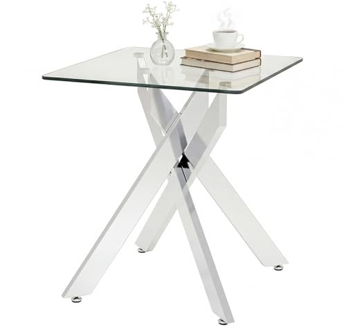 COSTWAY Mesita Auxiliar de Cristal, Mesa de Centro Cuadrada con Encimera de Cristal Templado de Seguridad y Base Metálica en X, Mesita Auxiliar para Salón, Dormitorio, 50x50x57 cm, Plateado