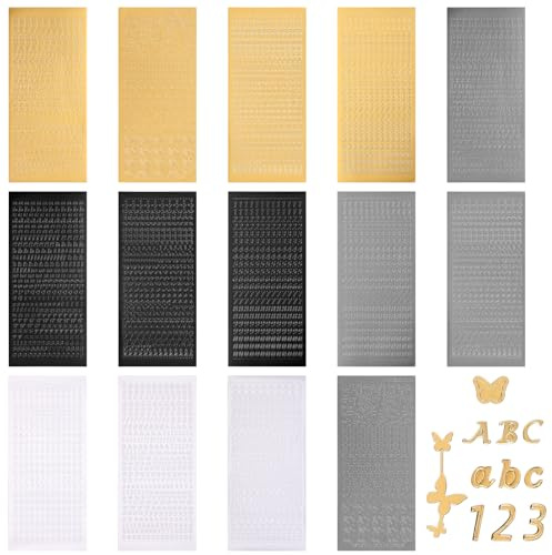 Amabro 14 Blatt Wachsbuchstaben Kerzen Buchstaben Zahlen Aufkleber Sticker | Selbstklebend aus Kunststoff Gold Silber für Taufe Kommunion Hochzeit DIY Scrapbooking