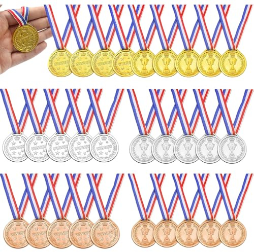 Lot de 30 Medaille, Medaille Enfant, Medailles, Medailles Enfant, Médaille et Trophée Récompenses avec Ruban Rouge Blanc Bleu Pour Sport, École, Anniversaire, Jeux, Concours, Cérémonie 4,2x3,7cm