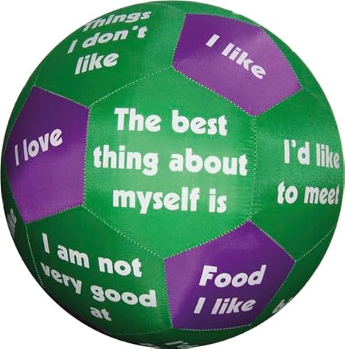 TimeTEX - Lernspiel-Ball „Pello“ Kennenlernsätze Englisch | ca. 35 cm ø | Stoffhülle mit Ballon | Für Bewegung, Sprache & Sozialkompetenz | Mit Anleitung