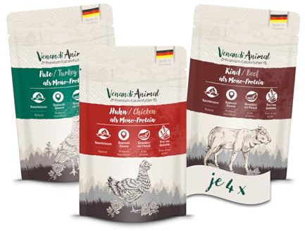 Venandi Animal - Premium Nassfutter für Katzen, Probierpaket I, Huhn, Pute, Rind, 12 x 125 g (12er Pack), getreidefrei und naturbelassen