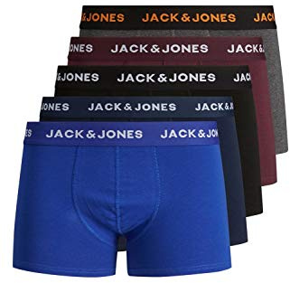 JACK & JONES Herrset, 5-pack, boxershorts, stretch, kalsonger, basic, jersey, underkläder, Svart – blå – grå, S