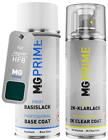 MG PRIME Autolack 2K Spraydosen Set für Jaguar HFB / JBC753 British Racing Green/Brooklands Green Basislack 2 Komponenten Klarlack Sprühdose