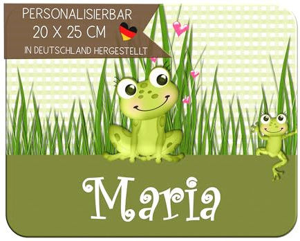 CreaDesign Personalisiertes Kinder Frühstücksbrett mit Namen, 20x25 cm, rutschfestes Schneidebrett aus Kunststoff, Frosch Design, spülmaschinen & mikrowellengeeignet, Schneidbrett für Kinder