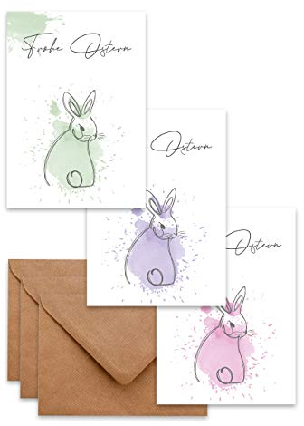 Osterkarten (6er Set) Hase Aquarell – hochwertige moderne Klappkarten & Umschläge (Kraftpapier) – einzigartiges Design