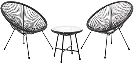 EVRE Goa Black Acapulco Styled Egg Shape Conversational Garden Furniture Bistro Patio Outdoor Set For Balconies Gardens Terraces 2 Chairs 1 Glass Top Table