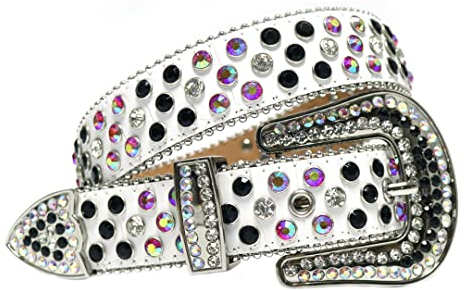 Sanykongy Western Bling Bling Strassgürtel mit abnehmbarer Schnalle und Nietengürtel Colorful White 42 inch