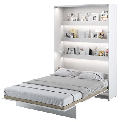 MEBLINI Schrankbett Bed Concept - Wandbett mit Lattenrost - Klappbett mit Schrank - Wandklappbett - Murphy Bed - Bettschrank - BC-01-140x200cm Vertikal - Weiß Hochglanz/Weiß mit Matratze