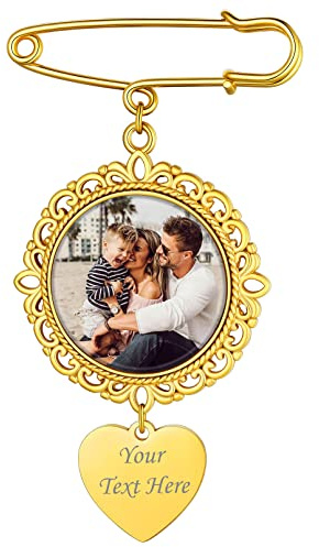Custom4U Stainless Steel Photo Brooch Silver Gold with Picture Engraving Memorial Pendant Bridal Bouquet with Photo Pendant Silver for Wedding Boutonniere Pin Bouquet Charms
