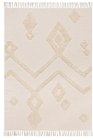 AVANTEX Teppich Makramee, Schlaf- und Wohnzimmerteppich im Boho Style, getufteter Teppich mit Quasten – 100% Baumwolle – ca. 120 x 180 cm, beige