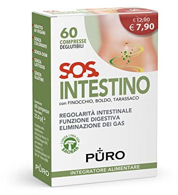 PURO, SOS Intestino, Integratore Alimentare con Baobab, Finocchio, Boldo e Tarassaco, Aiuta la Naturale Regolarità Intestinale, Confezione da 60 Compresse Deglutibili