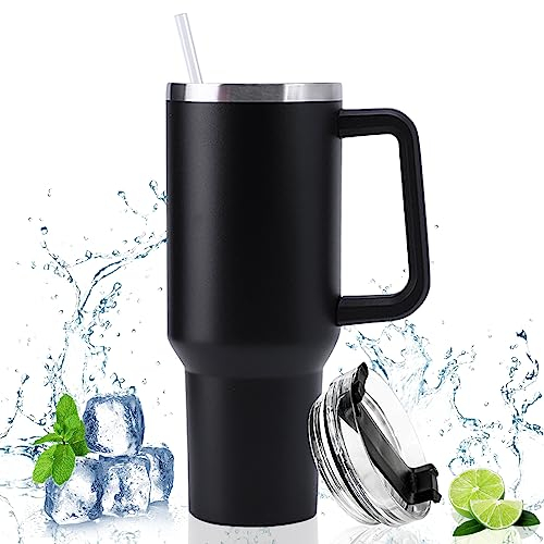 Doppelwandiger Edelstahl Vakuum Isolierbecher 40oz 1200ml Tragbare Autobecher Becher Tumbler mit Griff und Strohhalm Kaffeebecher Autobecher Reisebecher Thermobecher Für Kalte Heiße Getränke (schwarz)