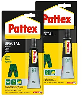Pattex Spezialkleber Textil, Textilkleber für verschiedene Textilien mit hoher Haftfestigkeit und spurenfreier Trocknung, wasch- und bügelbeständig, 2x20g
