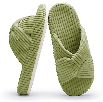 Chantomoo Slippers for Women Memory Foam House Bedroom Corduroy Bow Crossbands Slipper Shoes Comfy Trendy Gift Slippers Avocado Green Size7 8 6.5