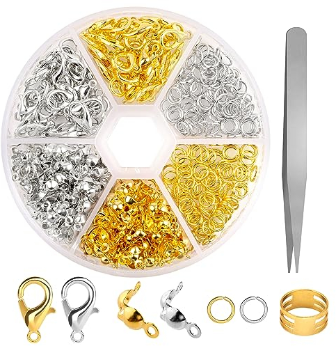 Weysoo Kettenverschluss, 1030 Stück Armband Verschluss Set, enthält Karabiner Verschluss, Biegeringe, Crimpenden, Positionierungsperlen und Verlängerungskett, Silber+Gold