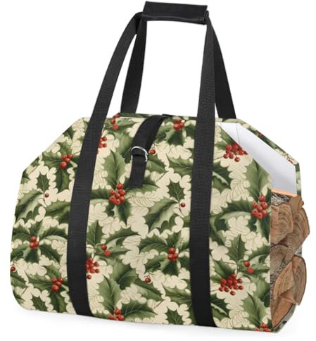 cfpolar Transportador de troncos de leña de bayas de hojas de acebo de Navidad con asa, bolsa de almacenamiento de leña de gran capacidad, bolsa de transporte de madera, chimenea, accesorios de estufa