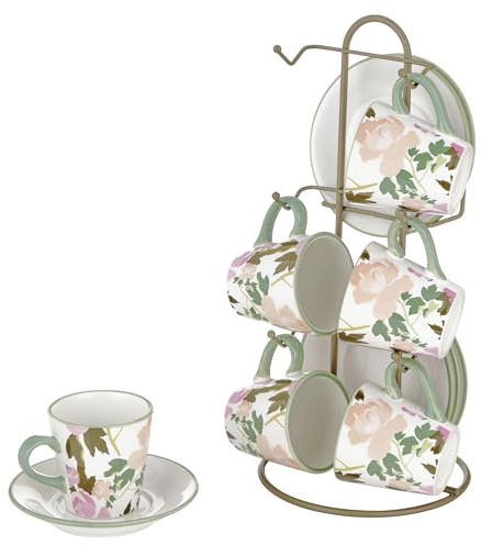 Baroni Home Set di Tazzine Decorate in Ceramica con Piattini e Stand, Accessorio da Cucina Colorato Resistente, Linea Rose, 15x13x29 cm