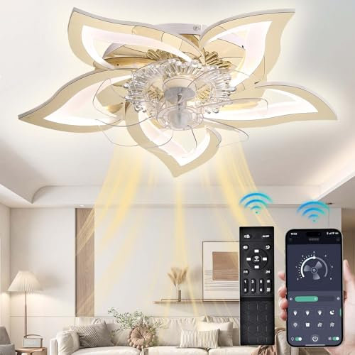 Φ69CM Ventilatore da Soffitto LED, Plafoniere con Ventilatore 50W Plafoniera Creativa a Forma Di Fiore in Acrilico con Telecomando e App 6 Velocità, Dimmerabile, per Camera da Letto Cromo-Oro