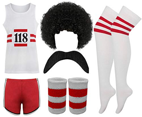 FASHIONISM Herr dam 118 maskeraddräkt vuxna 118 tryck väst randiga shorts Tash peruk armband och domare strumpor set (6 st set liten)