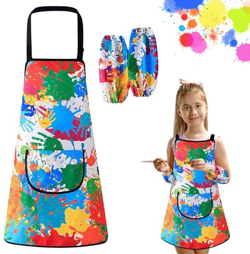DONGSZQ Malschürze Kinder, Wasserdicht Kinder Malkittel, Bastelschürze für Kinder mit Ärmeln und Big Taschen, für 6-10 Jahre Mädchen/Junge, für Malen & Basteln Backen Kochen (color)
