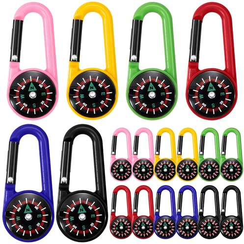 Heveer Mini Kompass Karabiner - Bunte Kompass Schlüsselanhänger für Outdoor Wandern Camping - 6 Farben, 18 Stück