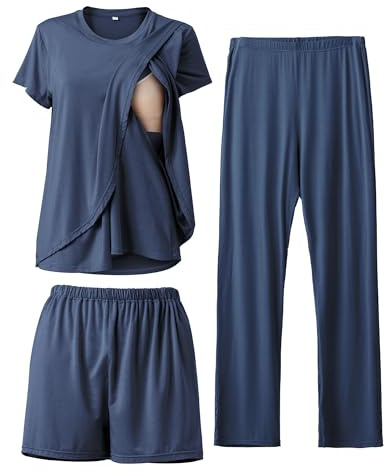 SUNNYBUY Ensemble de pyjama d'allaitement 3 pièces pour la période post-partum, décontracté, doux, pyjama de maternité, vêtements de nuit, vêtements de détente, couche de vêtements, Bleu marine, XL