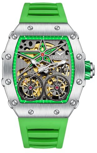 DAXIAOYU Fashion Tonneau Automatikuhr für Herren, Vintage, Doppel-Tourbillon, ausgehöhlte Uhren, wasserdicht, leuchtend, sportlich, mechanische Armbanduhr, Grün , Luxuriös