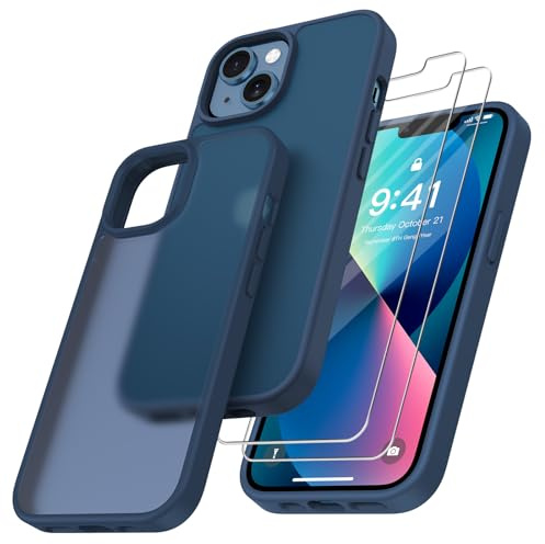 Niphabe Custodia rigida compatibile con iPhone 13 con 2 pellicole protettive in vetro temperato, mai ingiallimento, cover posteriore resistente ai graffi, antiurto TPU Bumper per iPhone 13 cover 6,1