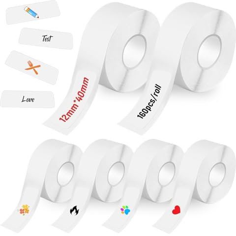 Bmliingchau 6 Rollen Klebeband für Etikettierer,Thermal Label Tape,12 x 40 mm, selbstklebend, Thermoetiketten, Klebeband für Etikettierer P15/P12/P11/D32/D30/L11/Q30, 160 Etiketten/Rolle– Weiß