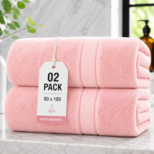 ZZZMRH 2 Pack Jumbo Bath Sheets 90 x 180 cm, 650 GSM 100% Egyptian Cotton Extra Large Bath Towels for Adults, Super Soft Thick Highly Absorbent Quick Dry Hotel Quality Towels – Pink
